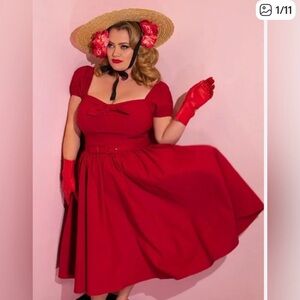 Vixen by Micheline Pitt Red Puff Sleeve Dress Full Skirt Bow Tie Up